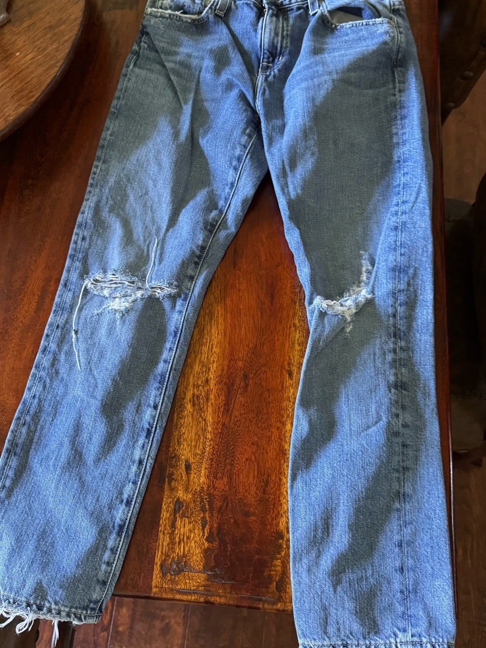 Ag Adriano Goldschmied Women's Blue Straight Jeans with Knee Rips